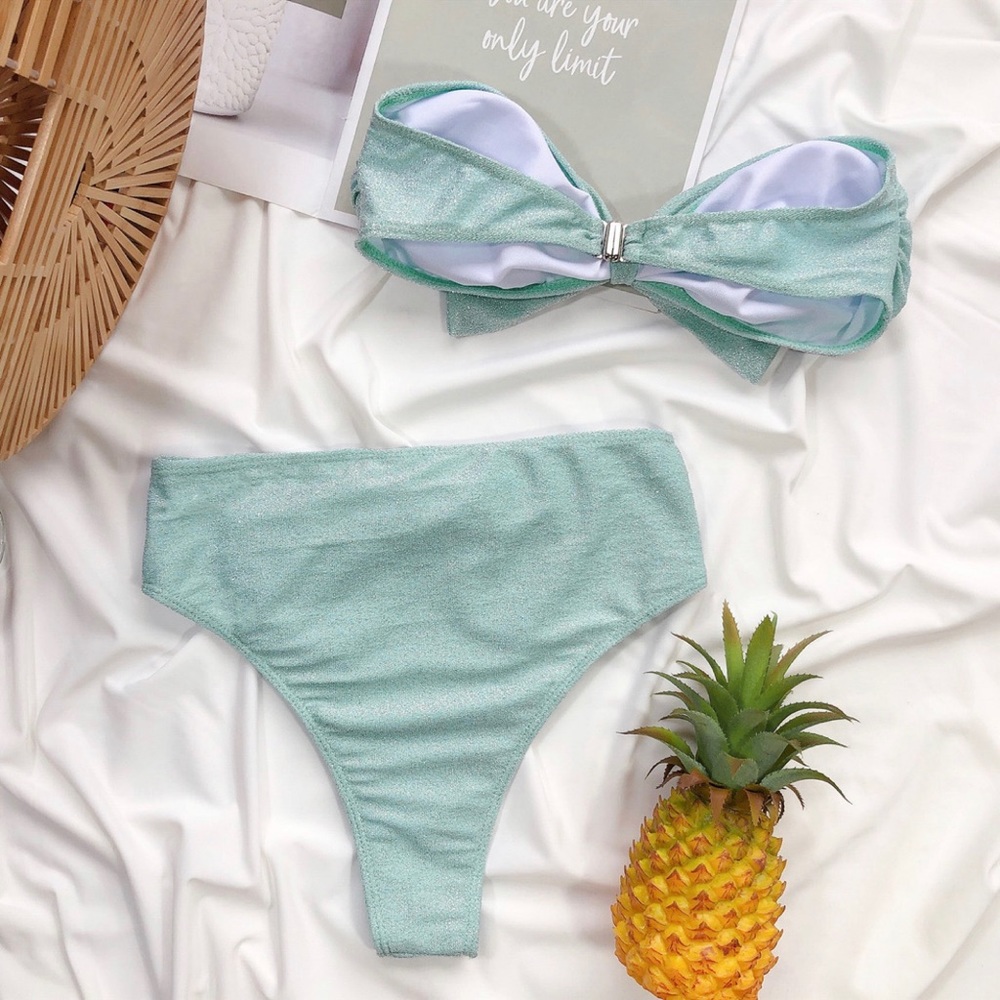 2446 icy green bow tie high waist swimsuits - Picture 4 of 5